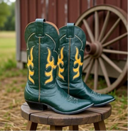 Men’s Size 8.5 D - Nocona Vintage Cowboy Western Boots Dark Green Yellow Inlays