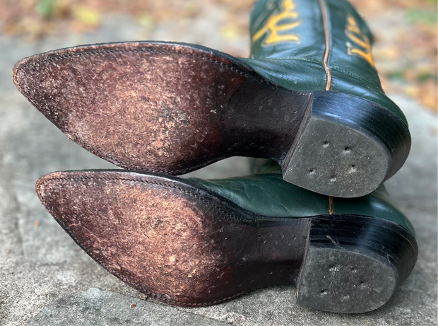 Men’s Size 8.5 D - Nocona Vintage Cowboy Western Boots Dark Green Yellow Inlays