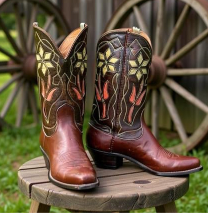 1950s • JUSTIN • Floral Inlay Western • Women’s 5.5 M