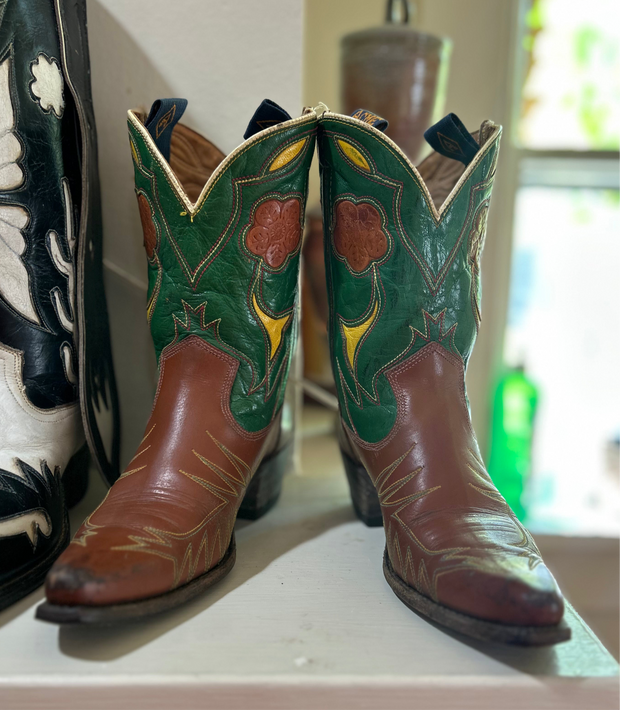 1960s • Acme • “Garden Party” Floral-Inlay Shorty Boots • Women’s 6.5
