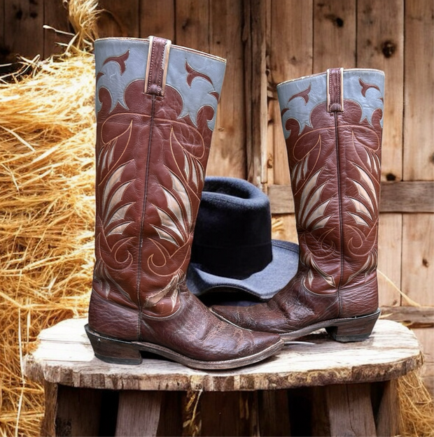 Men’s Size 9.5 D - 1950’s Justin Tall Stovepipe Cowboy Western Boots Unique Inlay Design