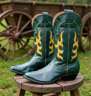 Men’s Size 8.5 D - Nocona Vintage Cowboy Western Boots Dark Green Yellow Inlays