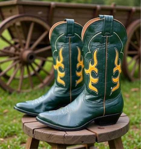 Men’s Size 8.5 D - Nocona Vintage Cowboy Western Boots Dark Green Yellow Inlays