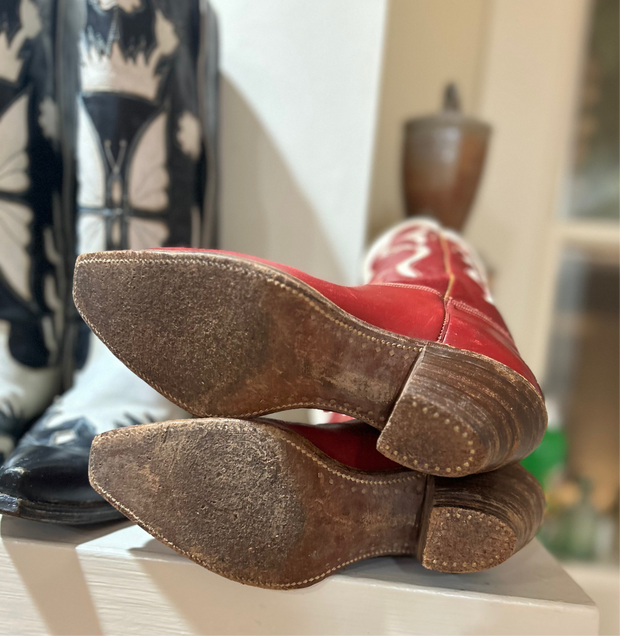 1950s • Unknown Maker • Red & Cream Western Shorty Boots • Women’s 6.5 M • Distressed