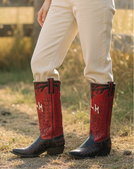 1950s • Custom Stovepipe Show Boots (Red/Black, “R.L.M.” Monogram) • Women’s 9.5