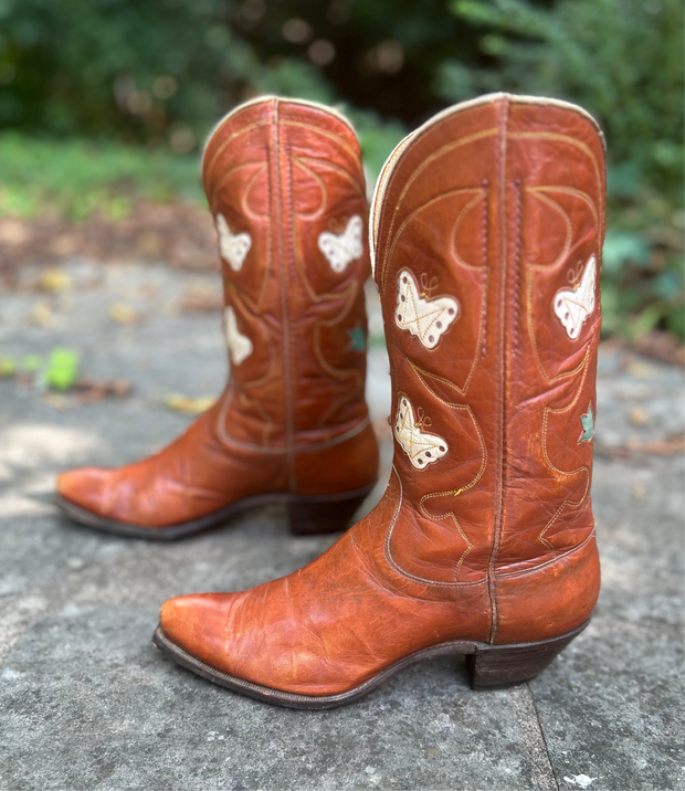1940’s Cowboy Western Boots Butterfly and Floral Inlays Women’s 7 B