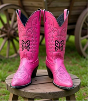 Women’s Size 7.5 M - Vintage Cowboy Western Boots Pink Butterfly Embroidered