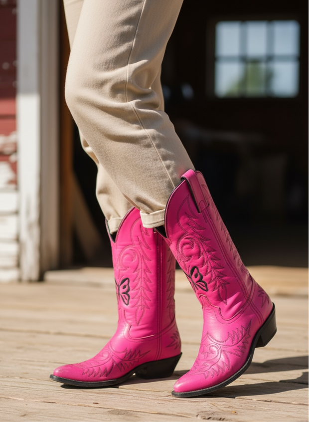 Women’s Size 7.5 M - Vintage Cowboy Western Boots Pink Butterfly Embroidered
