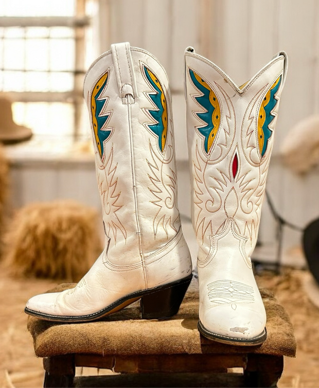 Women’s Size 6 C - Acme Vintage Cowboy Western Boots White With Inlays