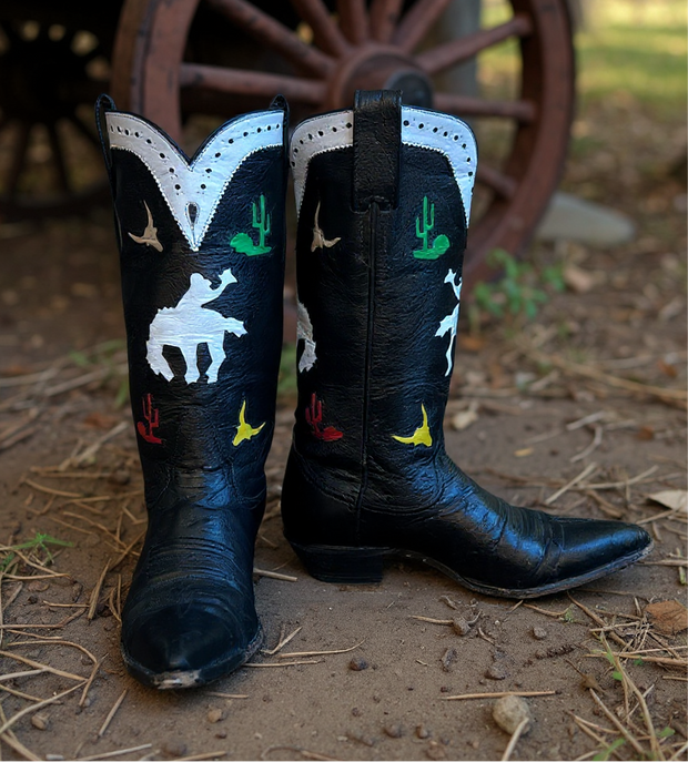 Women’s Size 7.5 B - Larry Mahan Vintage Cowboy Western Boots Horseback Inlays