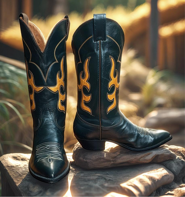 Men’s Size 8.5 D - Nocona Vintage Cowboy Western Boots Dark Green Yellow Inlays