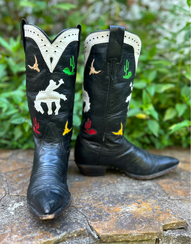Women’s Size 7.5 B - Larry Mahan Vintage Cowboy Western Boots Horseback Inlays