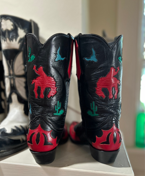 1980s–90s • Thieves Market for Larry Mahan • Pictorial Rodeo & Desert Inlay Boots • Women’s 8.5 B