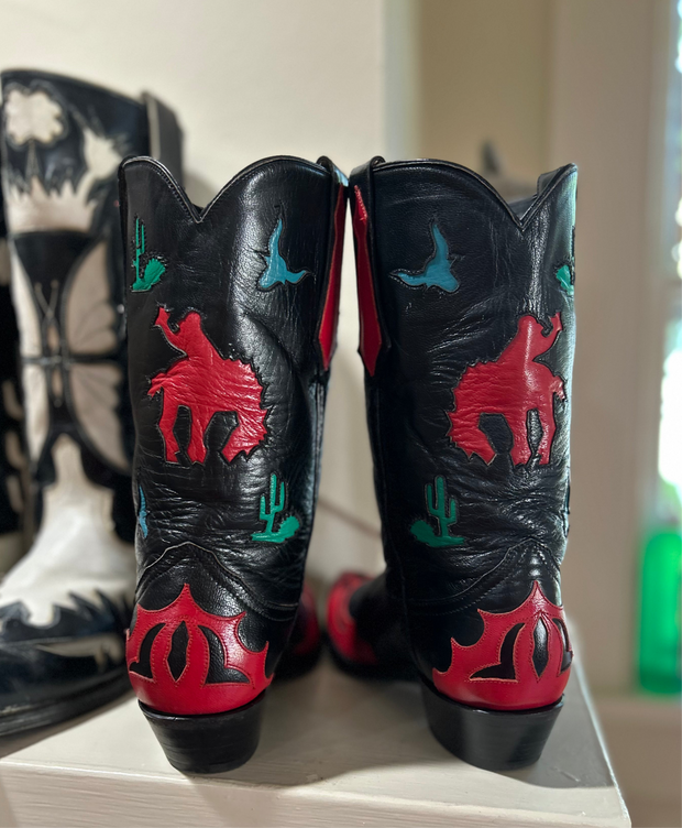 1980s–90s • Thieves Market for Larry Mahan • Pictorial Rodeo & Desert Inlay Boots • Women’s 8.5 B