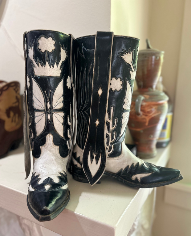 1960s • Custom Made • Black & White Butterfly Inlay Western • Men’s 10 D