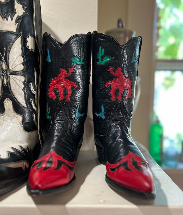 1980s–90s • Thieves Market for Larry Mahan • Pictorial Rodeo & Desert Inlay Boots • Women’s 8.5 B