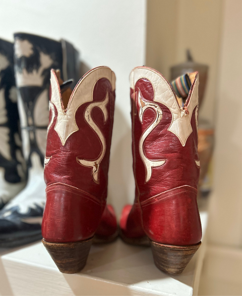 1950s • Unknown Maker • Red & Cream Western Shorty Boots • Women’s 6.5 M • Distressed