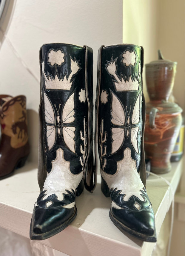 1960s • Custom Made • Black & White Butterfly Inlay Western • Men’s 10 D