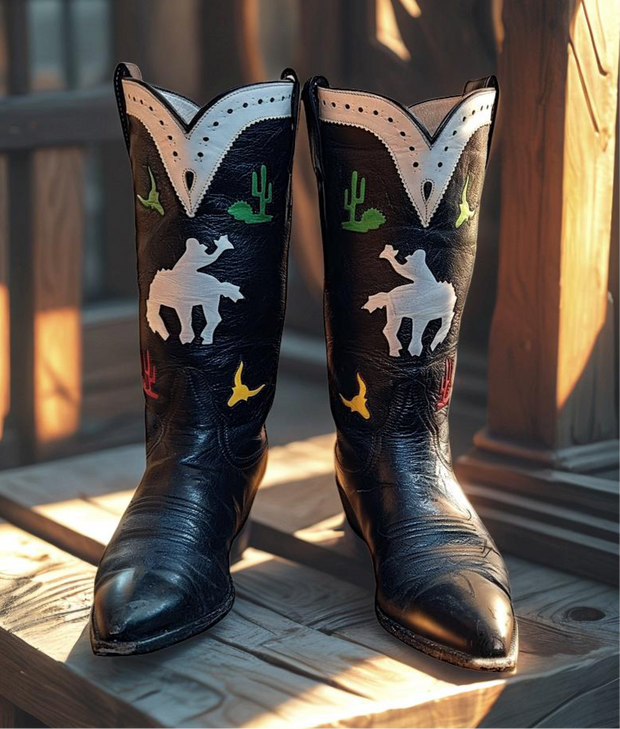 Women’s Size 7.5 B - Larry Mahan Vintage Cowboy Western Boots Horseback Inlays