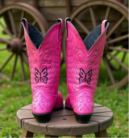 Women’s Size 7.5 M - Vintage Cowboy Western Boots Pink Butterfly Embroidered