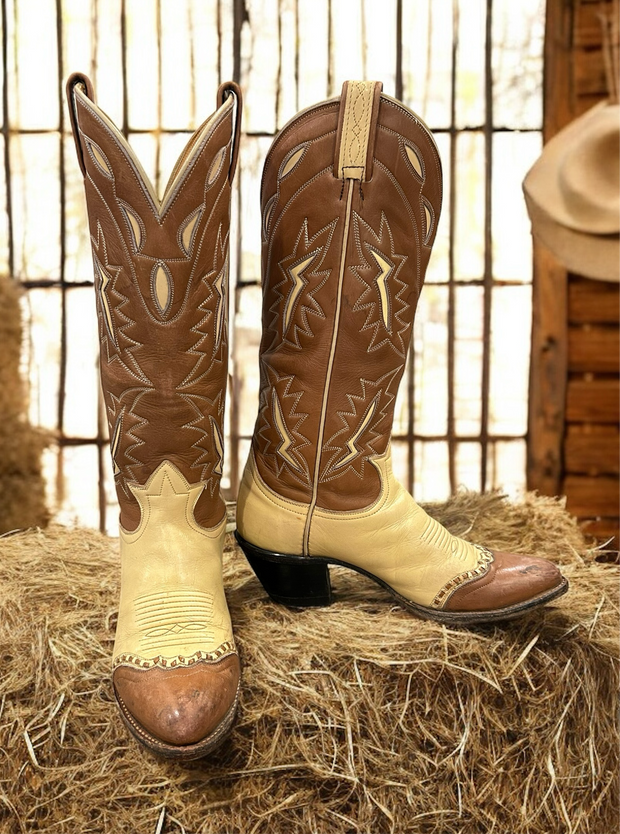 Women’s Size 6.5 M - 1960’s Tony Lama Tall Cowboy Western Boots Unique Inlay Design