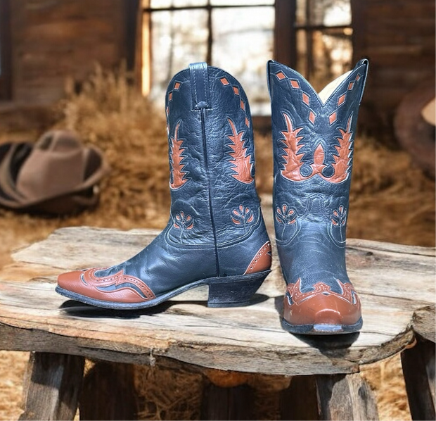 Men’s Size 11 D - Tony Lama Vintage Cowboy Western Boots Unique Inlay Design