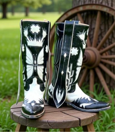 1960s • Custom Made • Black & White Butterfly Inlay Western • Men’s 10 D