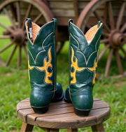 Men’s Size 8.5 D - Nocona Vintage Cowboy Western Boots Dark Green Yellow Inlays