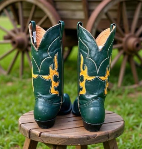 Men’s Size 8.5 D - Nocona Vintage Cowboy Western Boots Dark Green Yellow Inlays
