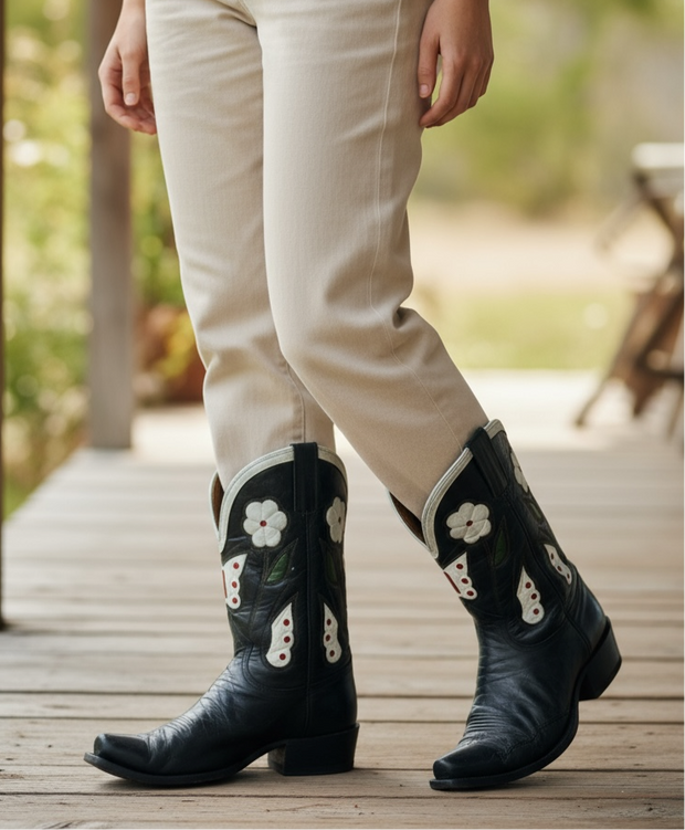 1950s • Border-Boot Style • “Butterfly & Dogwood” Inlay Showboots • Women’s 9