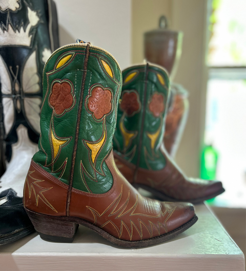 1960s • Acme • “Garden Party” Floral-Inlay Shorty Boots • Women’s 6.5