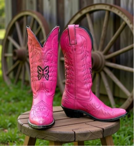 Women’s Size 7.5 M - Vintage Cowboy Western Boots Pink Butterfly Embroidered