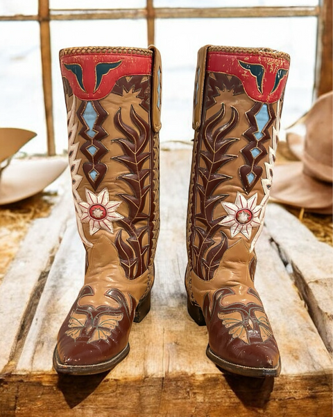 Women’s Size 9 M - 1950’s Stovepipe Cowboy Western Boots Eagle and Butterfly Inlays Museum Worthy