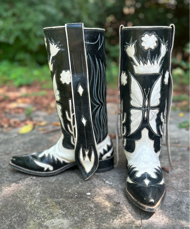 1960’s Black & White Butterfly Inlay Cowboy Boots – Men’s 10D