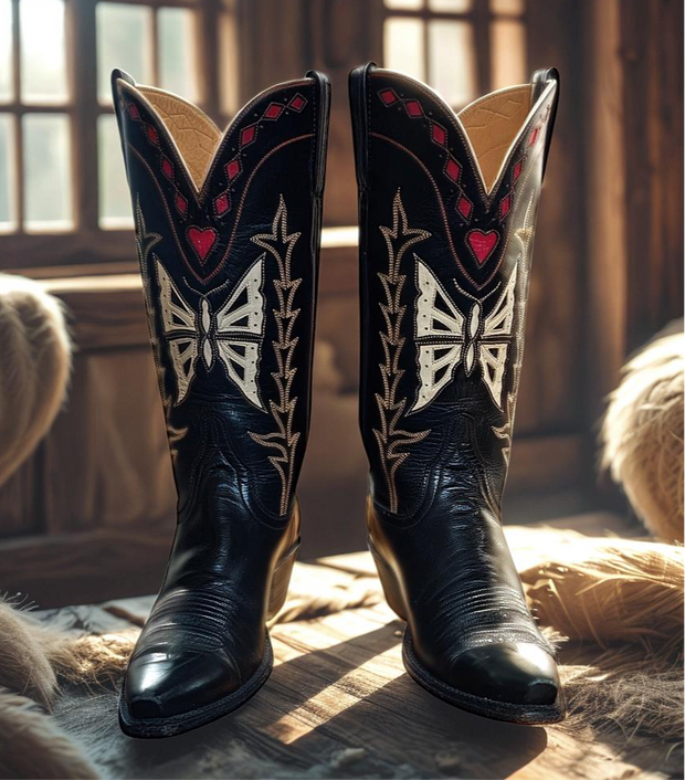 Women’s Size 7.5 B - Lucchese Custom Cowboy Western Boors Butterfly and Heart Inlays