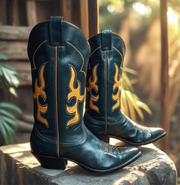 Men’s Size 8.5 D - Nocona Vintage Cowboy Western Boots Dark Green Yellow Inlays