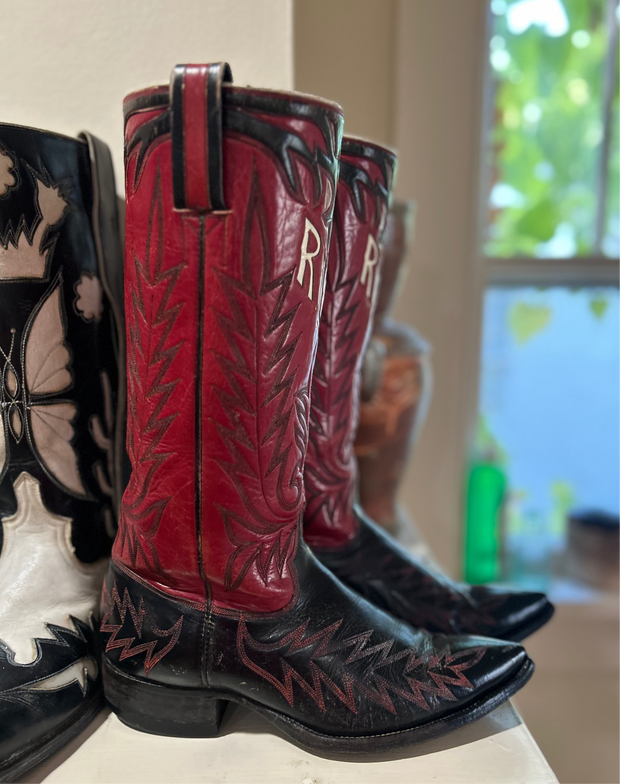 1950s • Custom Stovepipe Show Boots (Red/Black, “R.L.M.” Monogram) • Women’s 9.5