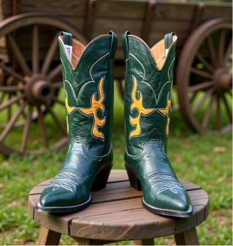 Men’s Size 8.5 D - Nocona Vintage Cowboy Western Boots Dark Green Yellow Inlays