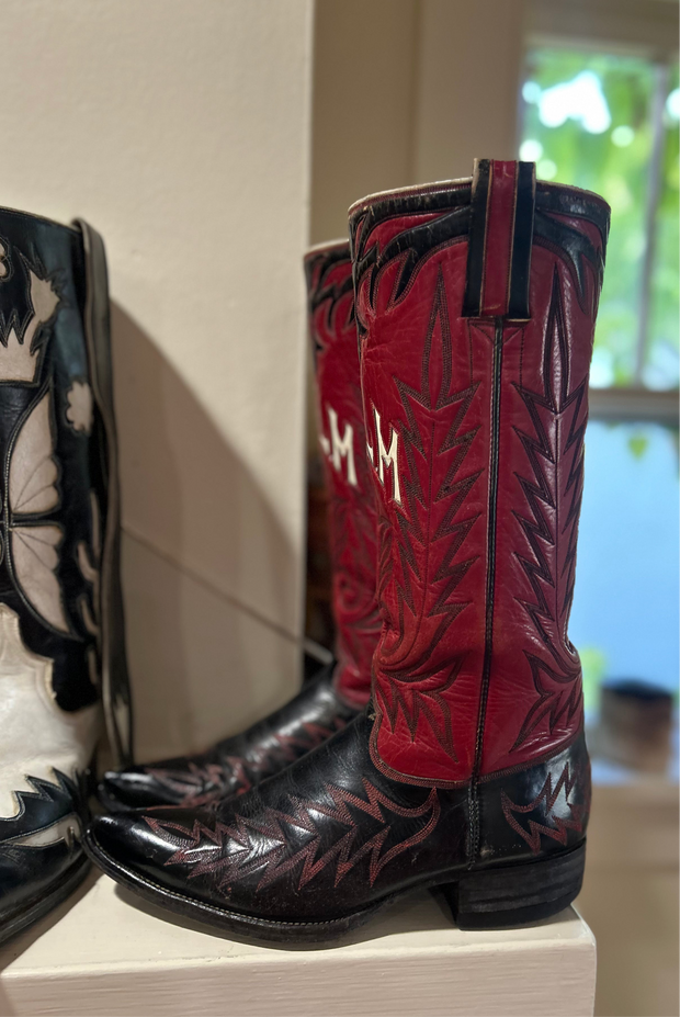 1950s • Custom Stovepipe Show Boots (Red/Black, “R.L.M.” Monogram) • Women’s 9.5
