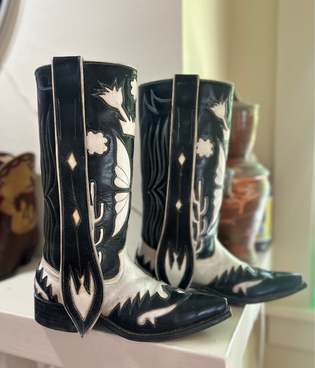 1960s • Custom Made • Black & White Butterfly Inlay Western • Men’s 10 D