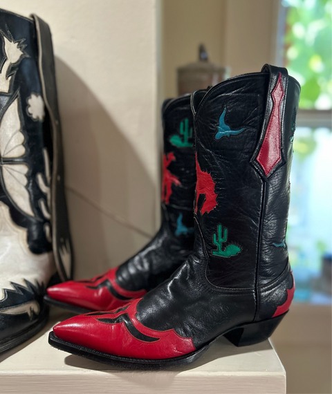1980s–90s • Thieves Market for Larry Mahan • Pictorial Rodeo & Desert Inlay Boots • Women’s 8.5 B