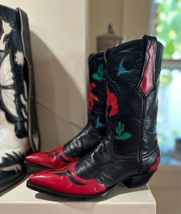 1980s–90s • Thieves Market for Larry Mahan • Pictorial Rodeo & Desert Inlay Boots • Women’s 8.5 B