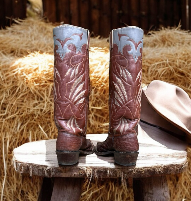 Men’s Size 9.5 D - 1950’s Justin Tall Stovepipe Cowboy Western Boots Unique Inlay Design