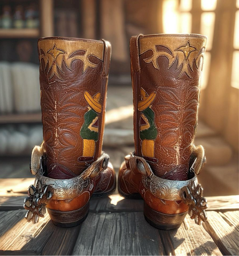 Men’s Size 9.5 D - 1950’s Cowboy Western Boots Mexican Folk Art With Charro Parade Spurs