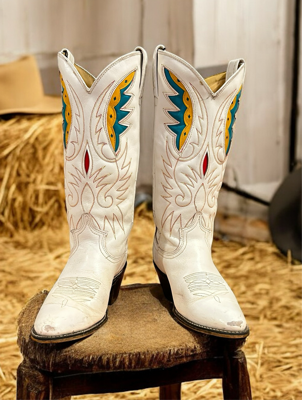 Women’s Size 6 C - Acme Vintage Cowboy Western Boots White With Inlays