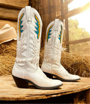 Women’s Size 6 C - Acme Vintage Cowboy Western Boots White With Inlays