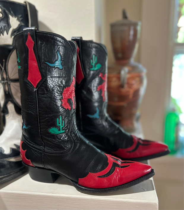 1980s–90s • Thieves Market for Larry Mahan • Pictorial Rodeo & Desert Inlay Boots • Women’s 8.5 B