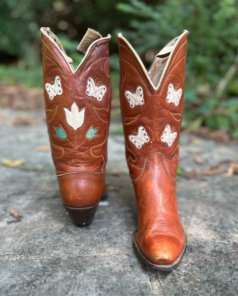 1940’s Cowboy Western Boots Butterfly and Floral Inlays Women’s 7 B