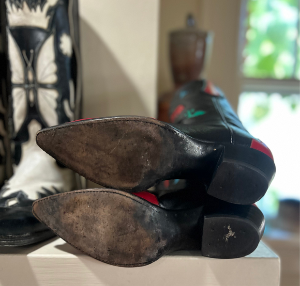 1980s–90s • Thieves Market for Larry Mahan • Pictorial Rodeo & Desert Inlay Boots • Women’s 8.5 B