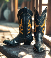 Men’s Size 8.5 D - Nocona Vintage Cowboy Western Boots Dark Green Yellow Inlays